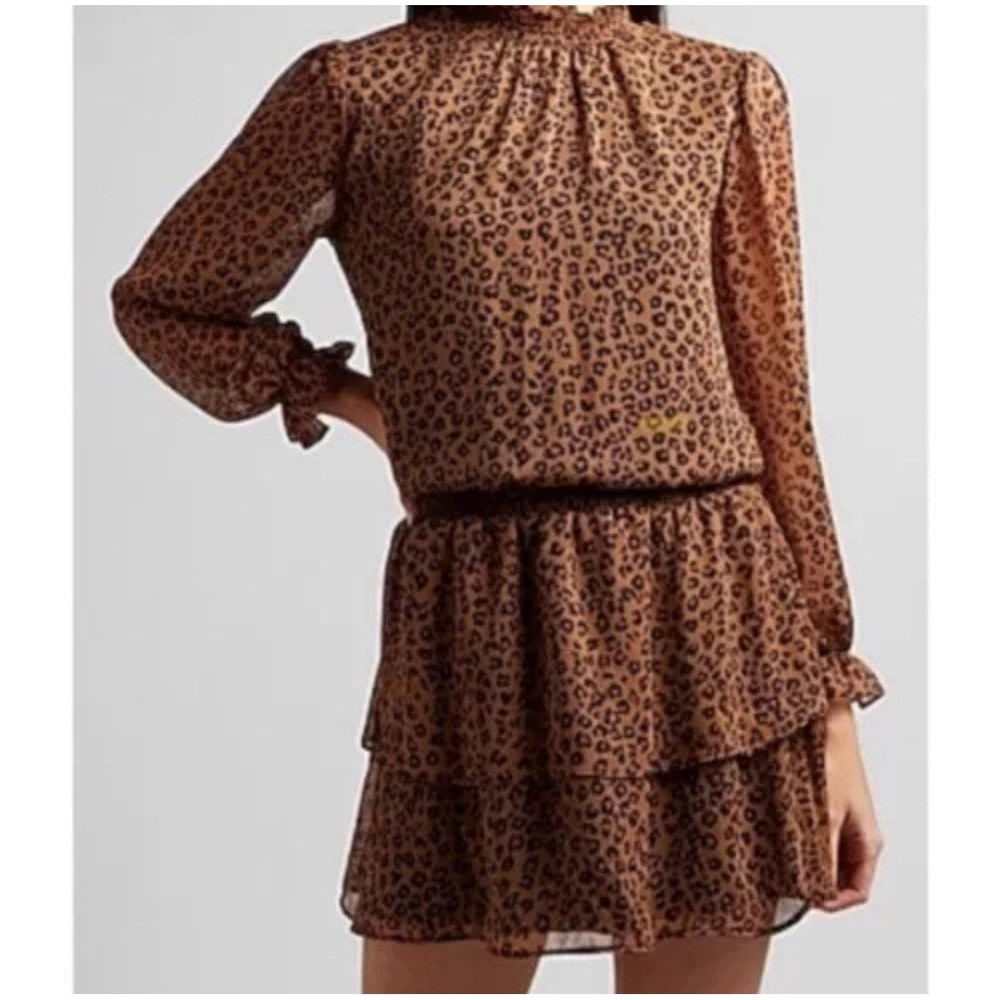 Express Leopard Animal Print Smocked High Neck Tiered Ruffle Mini Dress Medium